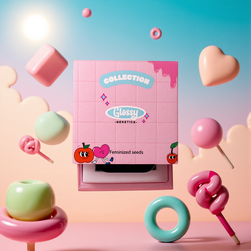 Pinke Glossy Collection Box zwischen Süßigkeiten vor blauem Himmel
