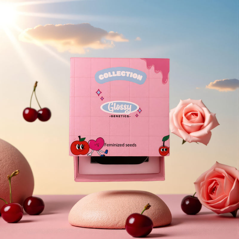 Pinke Glossy Collection Box auf Stein mit Kirschen und Rosen